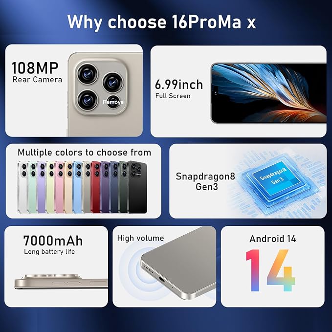 OEJBK 16PROMA X Smartphone New Upgrade 16GB+512GB/6.99" Display 68+108MP Zoom Camera,Tempered Glass Finish, 7000mAh Android 14 Smartphone (Grey)