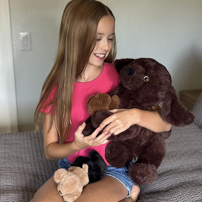 4Pcs Lab Plush Toy, 15.7" Chocolate Mom Labrador Stuffed Animal with 3 Cute Stuffed Baby Dogs in Mother's Belly, Soft Lab Puppy Plushies for Kids Dog Lovers,Christmas Birthday Gift
