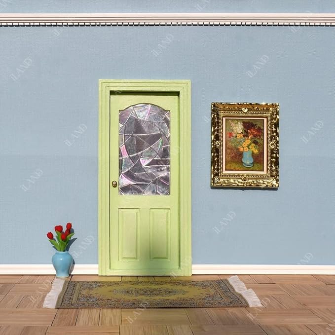 iLAND Dollhouse Door on 1:12 Scale, Miniature Door w/ 3D Windowpanes Reflecting Rainbow Light & Handles