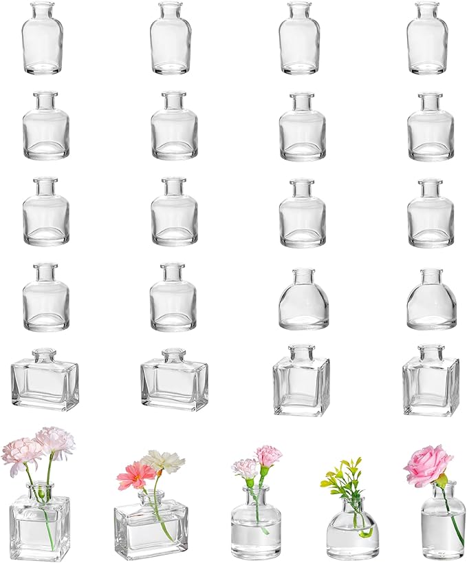Small Mini Flower Vases - Set of 20 Clear Glass Bud Vases - Vintage Rustic Centerpieces for Weddings, Events & Home Décor - Premium Quality, Timeless Designs