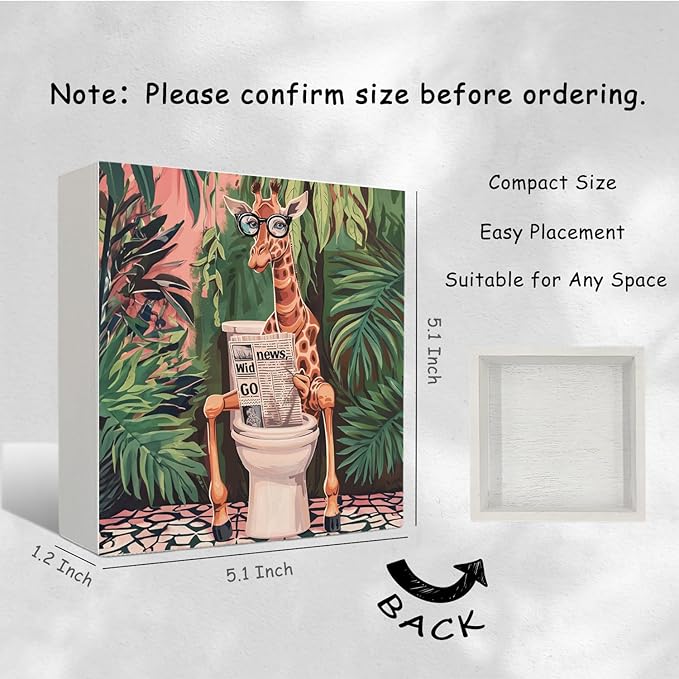 Nrleey Funny Giraffe Bathroom Decor - Wooden Box Sign, 5 X 5 Inches