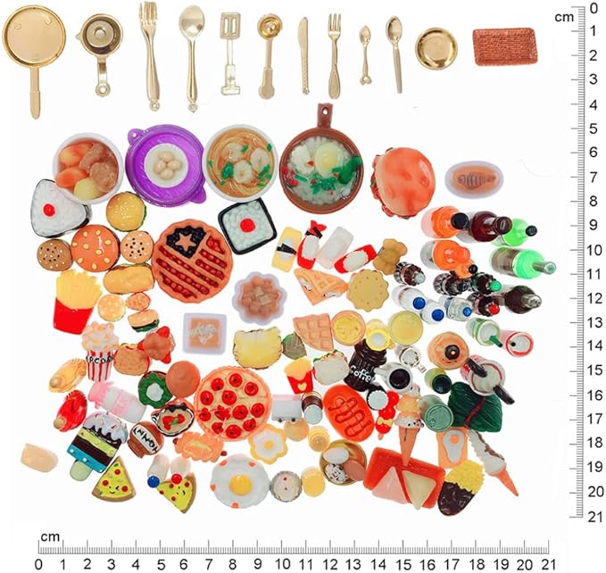 Miniature Food Drinks Toys 110pcs Mixed Resin Pizza Hamburgers French Fries Wine Decoration Tableware Doll house for Adults Childrens Pretend Play Kitchen Cooking Game Birthday Party Present