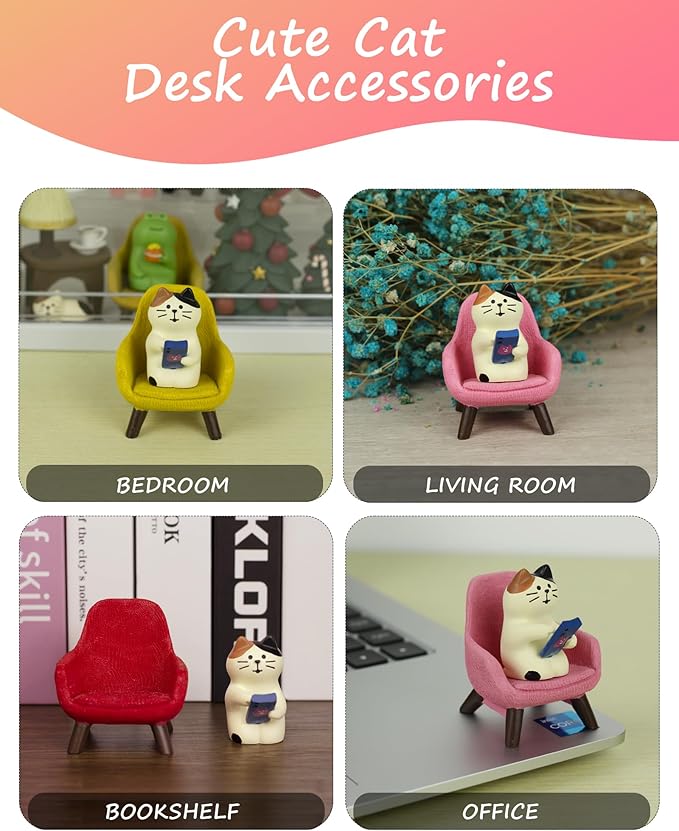 Cute Cat Playing Phone on Sofa Resin Figurine Desk Decor & Cat Lover Gift (Yellow Sofa)