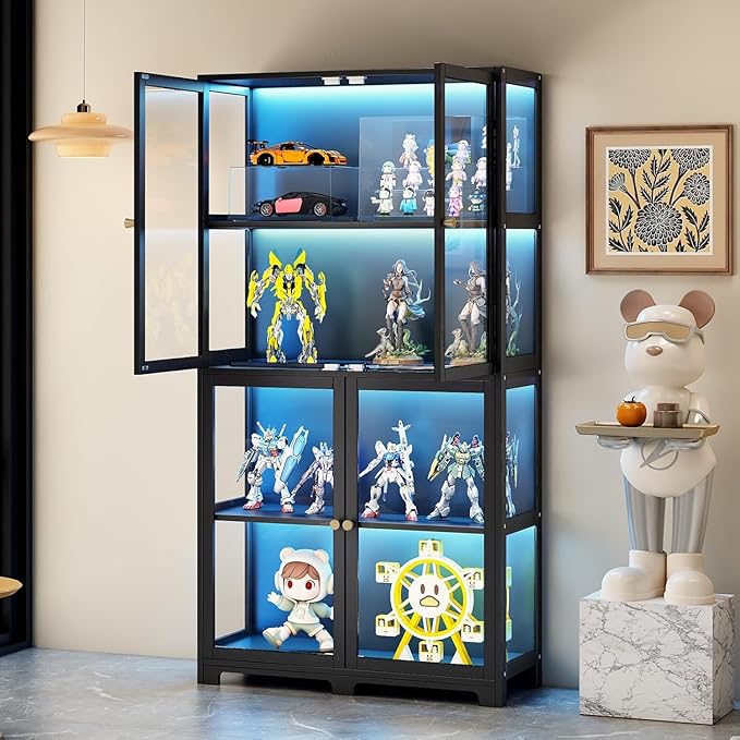 Display Cabinet with Acrylic Glass Doors, 4-Tier Bamboo Curio Display Case for Figures, Display Shelves for Collectibles & Toy Cabinet for Home, Office, Playroom, Living Room
