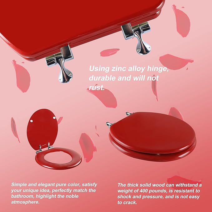 Red Round Toilet Seat Natural Wood Toilet Seat with Zinc Alloy Hinges, Easy to Install also Easy to Clean, Scratch Resistant Toilet Seat by Angol Shiold (Round, Red)