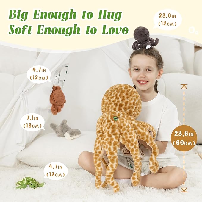 5Pcs Giant Octopus Plush, 23.6" Big Octopus Stuffed Animal with 3 Sea Animal Plush Toys(Turtle, Octopus, Crab, Hammerhead Shark), Soft Stuffed Ocean Creature Plushies for Kids