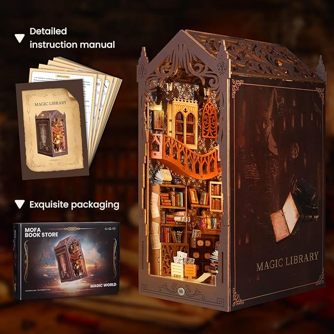 Book Nook Kit, DIY Dollhouse Booknook, Miniature House Kit for Adults and Teens, Library Tiny okshelf Decor, 3D Wooden Puzzle Bookends with Sensor Led Light, Gifts for Family, Friends
