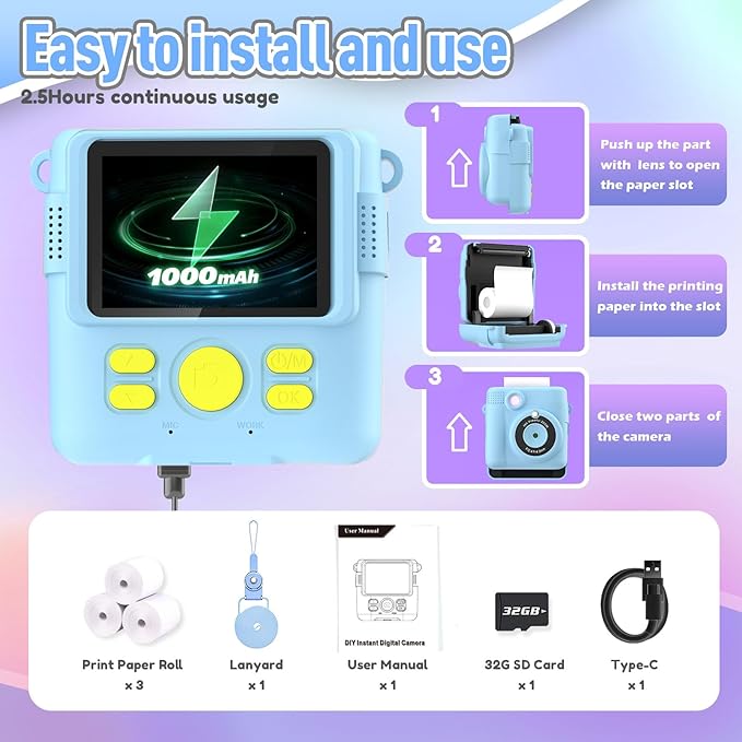 ESOXOFFORE Kids Camera Instant Print, Christmas Birthday Gifts for Kids Age 3-12, Selfie Digital Camera with 1080P Videos,Toddler Portable Travel Toy for 4 5 6 7 8 9 Year Old Boys Girls-Blue