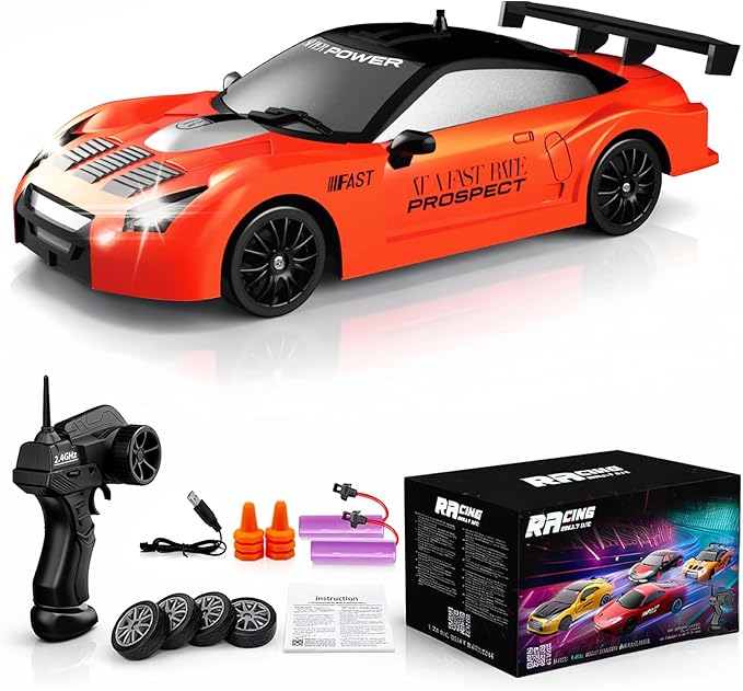 Remote Control Car RC Drift Car 2.4GHz 1:24 Scale 4WD 15KM/H High Speed Model Vehicle with LED Lights Drifting Tire Racing Sport Toy Car for Adults Boys Girls Kids Gift 2Pcs Rechargeable Batteries