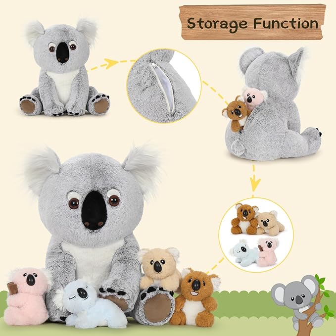 5Pcs Koala Bear Stuffed Animal 17.7 Inch, Mom Koala Plush Toy with 4 Adorable Babies Plushies in Zippered Back, Christmas Birthday Gift for Kids Boys Girls, Room Forest Party Decor