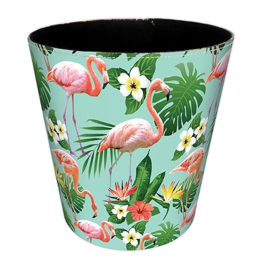 Scakbyer 10L/2.64 Gallon Trash Can, Decorative Waste Basket, PU Leather Waste Paper Basket, Waterproof Garbage Can for Bathroom, Bedroom, Office, Kitchen and Living Room - Flamingo-1