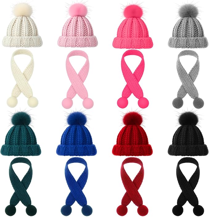 Geyoga 16 Pcs Mini Knit Doll Hat Valentines Day Small Santa Hat for Craft Winter Mini Snowman Hats and Scarf Tree Ornaments Snow Stripe Heart Wine Bottle DIY Decor Gifts