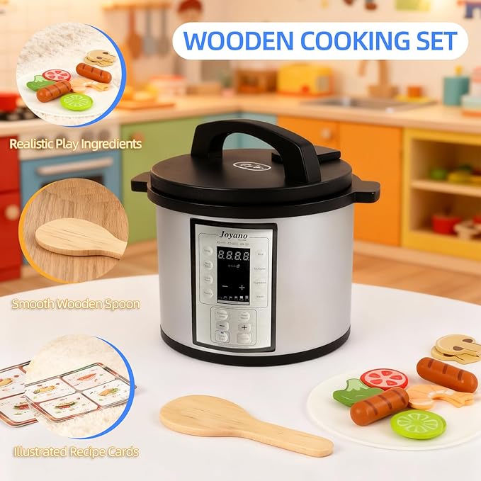 15-PCs Wooden Air Fryer/18-PCs Pressure Cooker Playset for Kids Pretend Cooking Toy with Food Accessories Utensils Montessori Kitchen Role Play (Pressure Cooker)