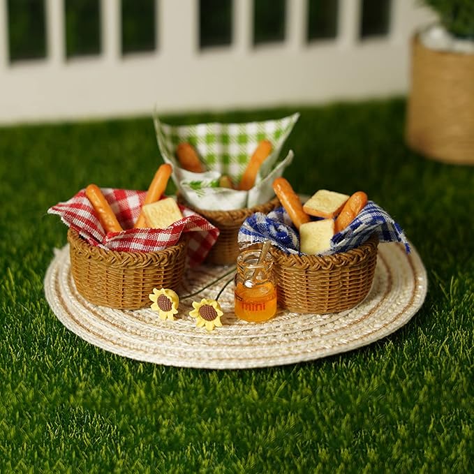Miniature Food Dollhouse Accessories Garden Decor 1:12 Scale Bread Honey Picnic Basket Cloth Flowers 9PCS Garden Decoration Mini Room Display Props Model (Red Picnic Cloth)