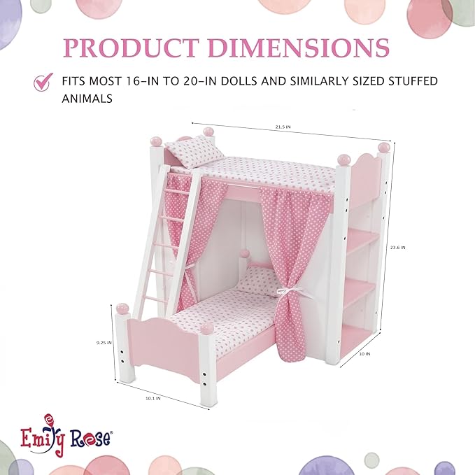 Emily Rose 18 Inch Doll Pink Loft Bunk Bed with Storage Shelves, Bins, and Ladder - Wooden Dollhouse Furniture with 2 Bedding Sets - Compatible with American Girl, Our Generation & My Life As Dolls