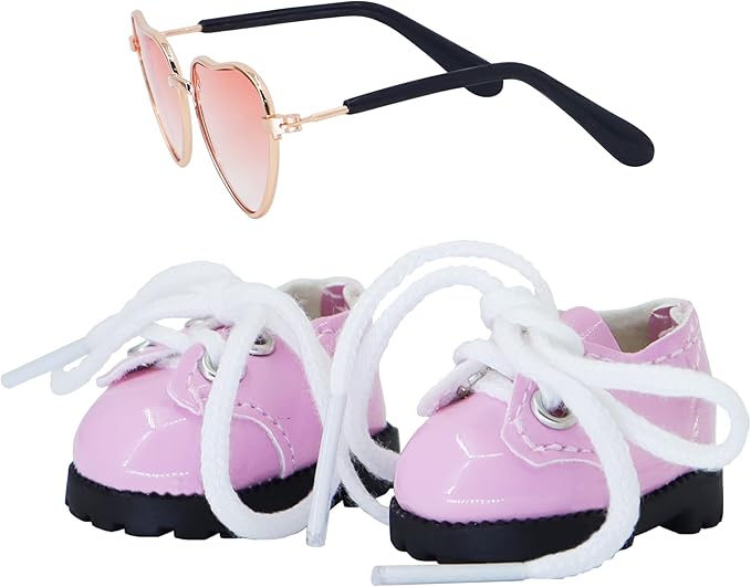 Suitable for 17cm Doll Clothing Accessories Set, Cute PU Leather Lace-up Mini Oxford Shoes and Glasses Two-Piece Set (Pink)