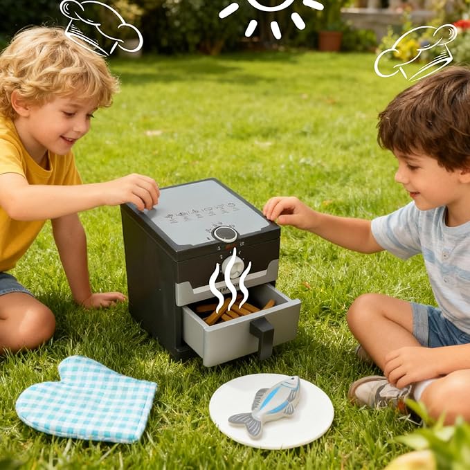 15-PCs Wooden Air Fryer/18-PCs Pressure Cooker Playset for Kids Pretend Cooking Toy with Food Accessories Utensils Montessori Kitchen Role Play (Air Fryer)