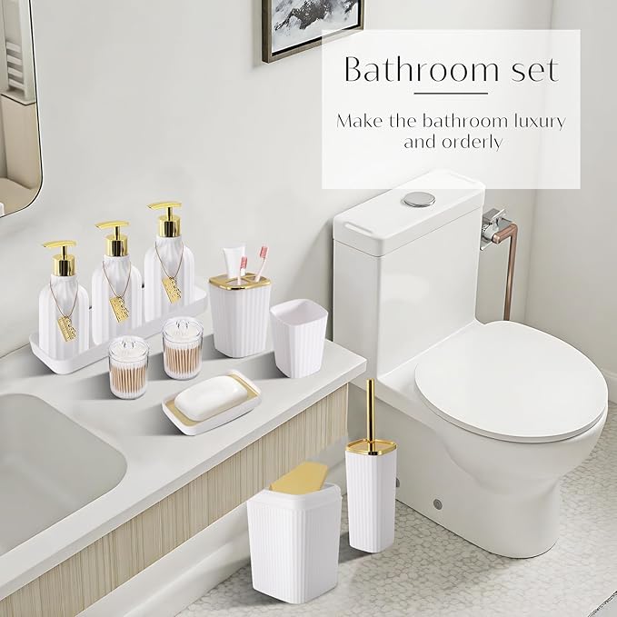 WSBArt 17PCS Bathroom Accessory Set Bathroom Set Gold Bathroom Accessories,Toilet Brush, Trash Can, Qtip Holder Dispenser& 3PCS Soap Dispenser