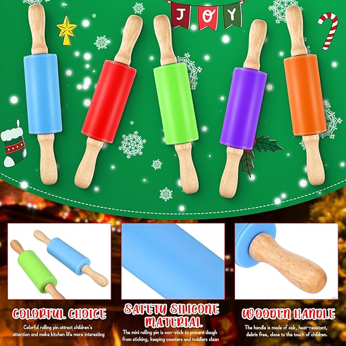 20 Pcs Small Rolling Pin Kids 9 Inch Mini Rolling Pin Silicone Wooden Cooking Pins Baking 5 Colors Non Stick Kids with Wooden Handle for Christmas Kitchen Dough Cookie Pastry Fondant Cake