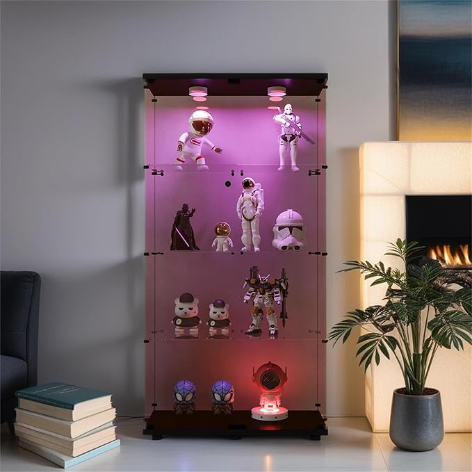 Glass Display Cabinet with Lights and Lock, 4-Tier Display Case Curio Cabinet with Glass Door, Floor Standing Showcase for Living Room Bedroom Home Office 31" W x 14.3" D x 64.5" H