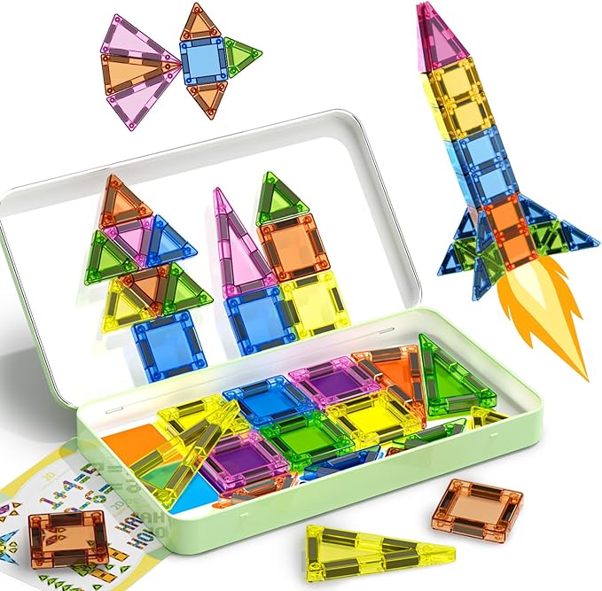 50PCS Mini Magnetic Tiles Travel Set, Magnetic Blocks Building Toys for Kids, Portable STEM Travel Toys for Toddlers, Boys & Girls Birthday Xmas Gifts