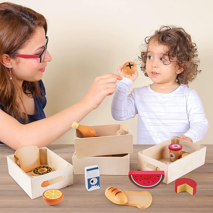 Food Groups - Wooden Play Food Sets, Pretend Play Kitchen Toys, Toy Food Accessories for Toddlers 1-3, Wood Play Fake Food for 1 2 3 Year Old Boys Girls Birthday Gift