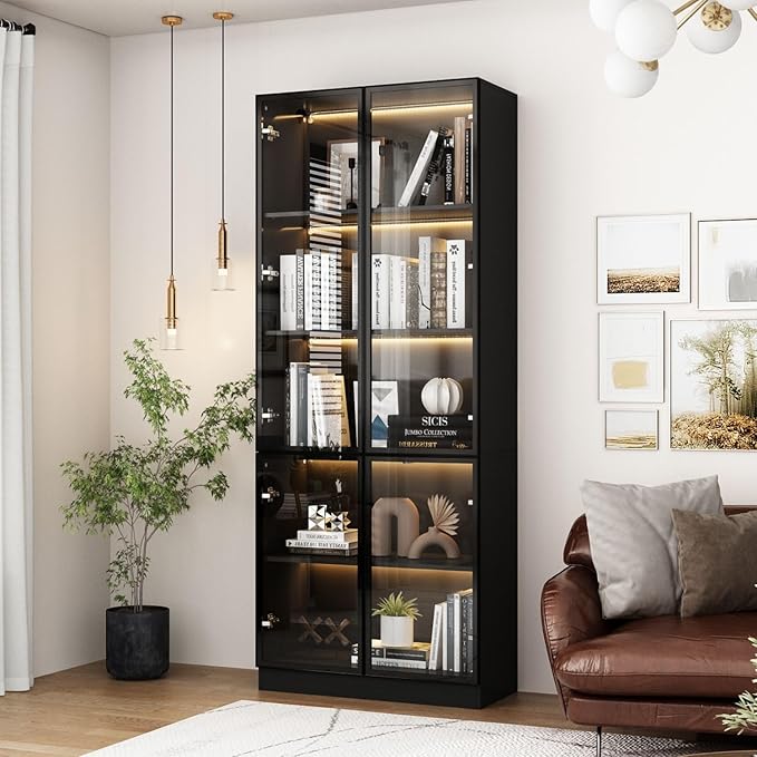 FAMAPY Display Cabinet with 4 Glass Doors and Lights, 5-Tier Storage Shelves, Pop-up Design, Trophy Case Display Cabinet for Collectibles, Black (31.5”W x 14.2”D x 78.7”H)
