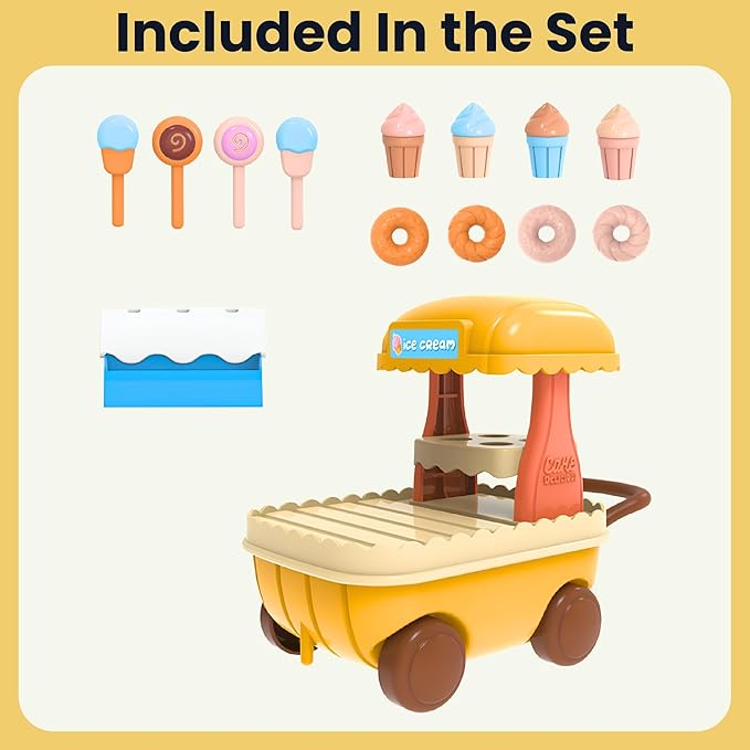 Family Ice Cream Cart Toy — Dessert Pushcart Set with Popsicles, Cones & Donuts, Street Vendor Stall for Dollhouse Pretend Play, Gift for Kids Ages 3+