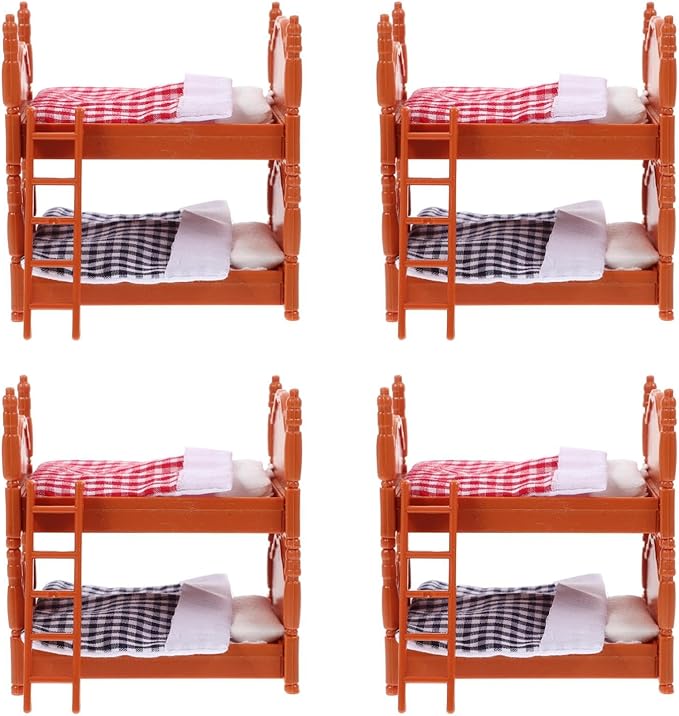 DOITOOL Wooden Doll Bunk Bed, 4 Pcs Doll House Furniture Dollhouse Decoration Accessories Simulation Dollhouse Miniature Bunk Bed DIY Dolls Beds with Ladder