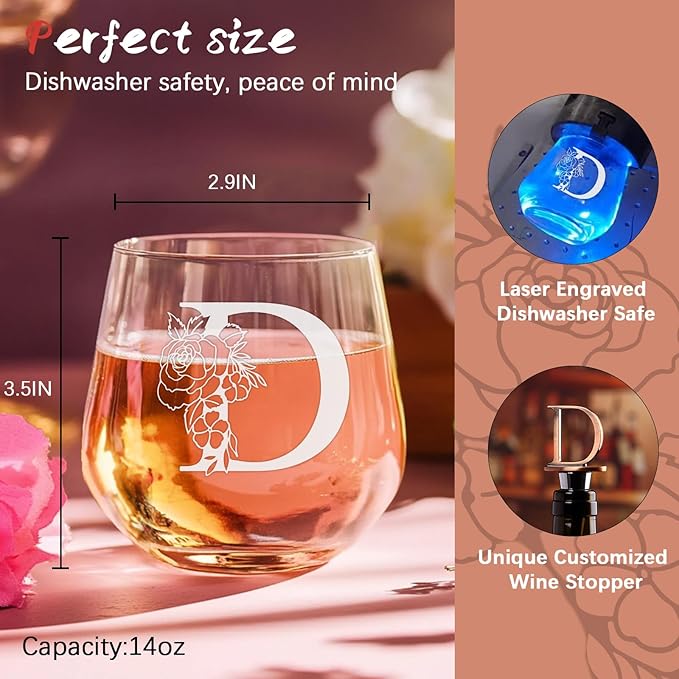 Personalized Gifts for Women, Monogrammed A-Z Wine Glass Customized Gift, Unique Wedding Birthday Gifts for Women Her Mom Friend Sister Wife Daughter Nurse - Dishwasher Safe (D)