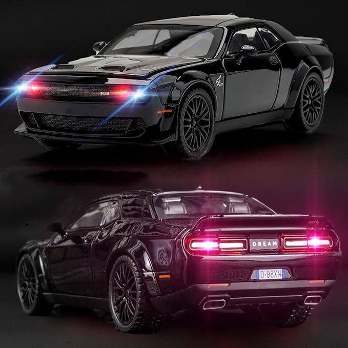 Toy Cars 1/32 Dodge Challenger Die Cast Metal Toy Cars Hellcat Toy Car with Sound and Light Pull Back Hellcat Car for 3+ Year Old Boys and Kids