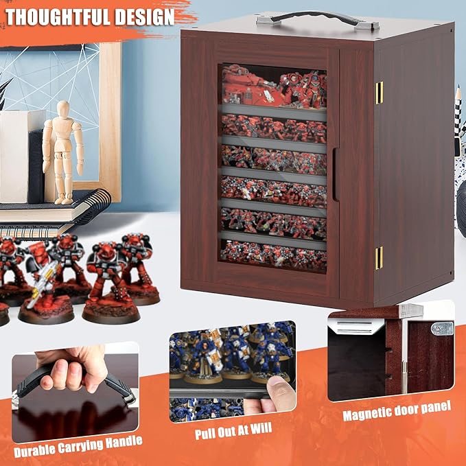 Miniature Storage Case for Collectibles, Miniature Display Cases with Magnetic Door and 6 Trays, Clear View Miniatures Transport Case (Mahogany)