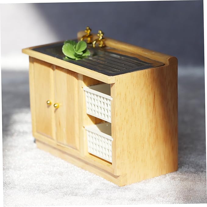 Dollhouse Furniture, 1/12 Wooden Dollhouse Bathroom Set, Sink with Cabinet, Countertop Realistic Miniature Furniture DIY Accessories