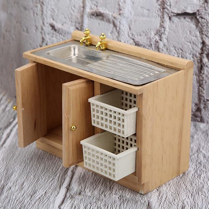 Dollhouse Miniature Furniture, 1:12 Scale Wooden Kitchen Dish Washing Table with Baskets for Doll House Accessories Decoration