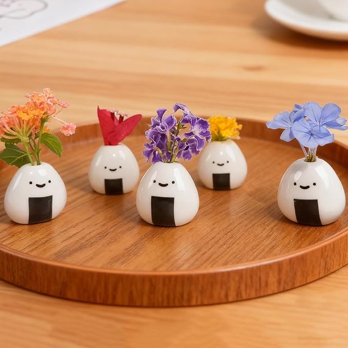 5 PCS Mini Onigiri Flower Vase Set - Cute Japanese Handmade Bud Vases Bulk for Dried Flowers, Small Centerpiece Vase for Coffee Table Living Room Home Decor, Unique Japandi Tiny Ceramic Vases