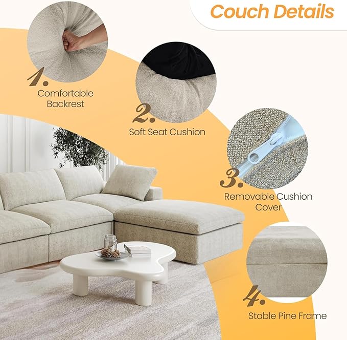 JACH 160" Cloud Sectional Couch, Overzised Down Filled Comfy Couch, 8 Seater Convertible Modular Cloud Sofa for Living Room, Minimalist Deep Seat Modern Couches,Sofa Cover Removable, Khaki
