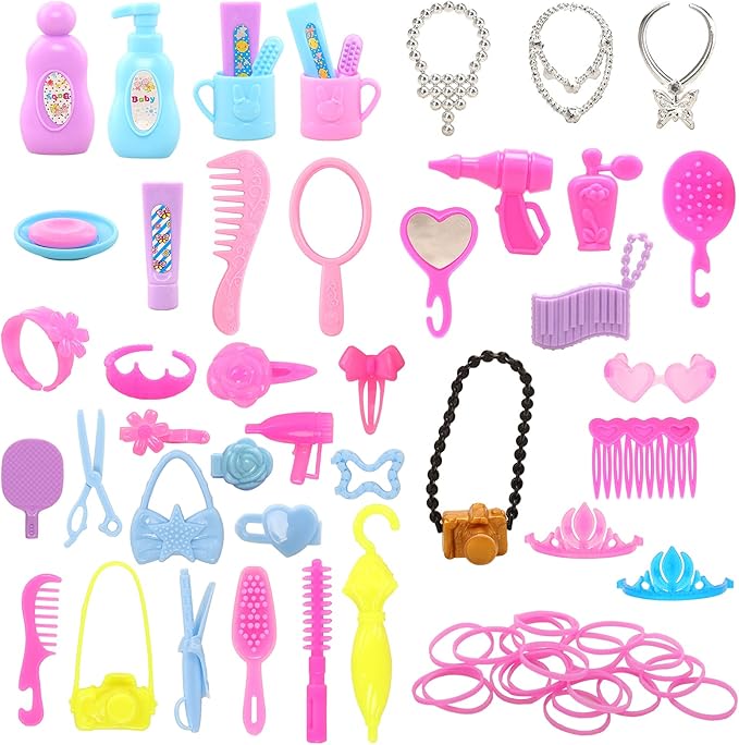 BARWA 43 PCS Doll Accessories Travel Toiletries Clip Bag Crown Necklace Comb Camera Rubber Band for 11.5 inch Doll Xmas Gift…
