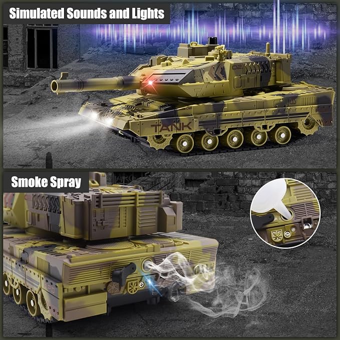 RC Tank - 2.4Ghz Remote Control Army Tank Toys with Auto Demo Sound Light Smoke - 13 Channel Military Vehicles Model Gift for Kids Adults Boys Age 6-8 9-12, Army Beige