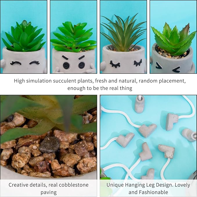 LUZOGA Set of 4 Small Faux Succulents in Cement Pots with Hanging Legs, Potted Mini Fake Plants for Desk, Office Cubicle, Kitchen, Bathroom, Wall Shelf Decor, Room & Bookshelf Ornament
