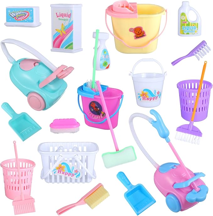 22 Pieces Miniature Bucket Doll Housework Cleaning Supplies Mini Dollhouse Accessories Mop Dustpan, Brush, Broom, Bucket Dollhouse Furniture Decoration Accessories for Dolls Pretend Play, Random Color