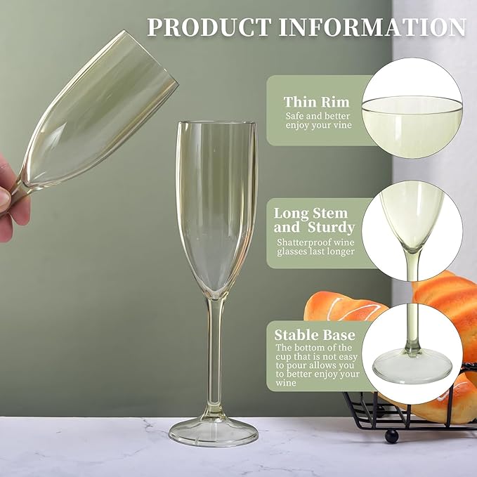 XUWAIDSGN 24 Pcs Reusable Champagne Flutes Plastic Wine Glasses Bulk Vintage Champagne Flutes Mimosa Bar Glasses Stemmed Drinking Cups 5.4OZ for Christmas Birthday Wedding Bride