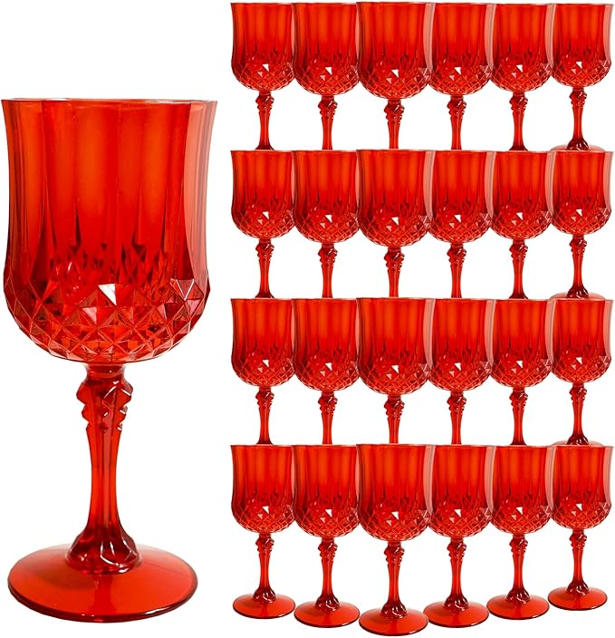 LEYIQU Plastic Wine Glasses, Plastic Goblets Vintage Style Cordial Drinking Glasses for Valentine’s Day, Wedding Reception, Grand Event Party Supplies (24, Red)