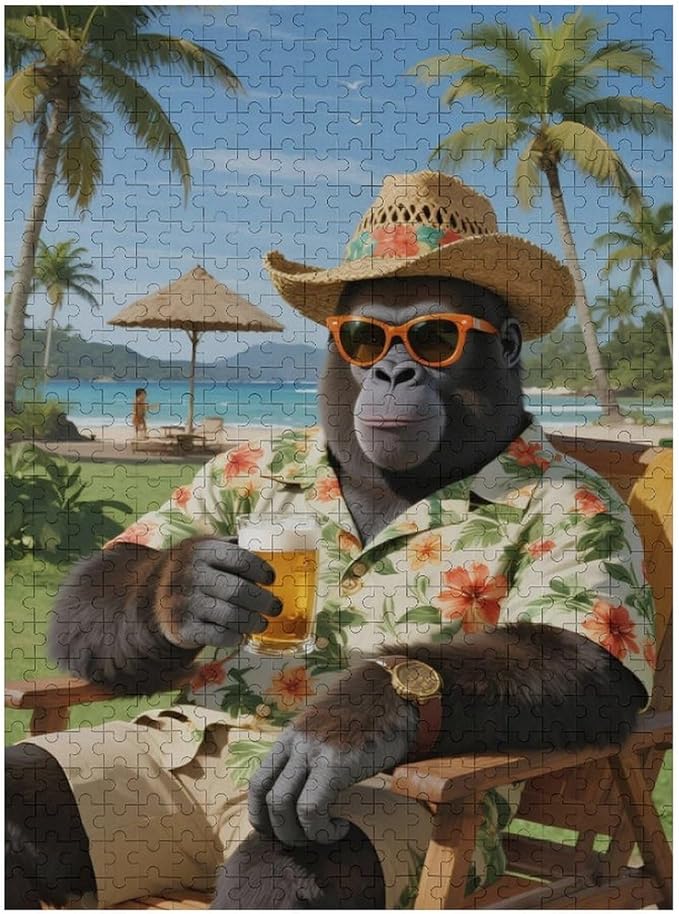 Summer Gorilla – 1000 Piece Creative Jungle Wooden Jigsaw Puzzle, Energetic Summer Gorilla Artwork, Brain Exercise, Family Entertainment, Stress Relief