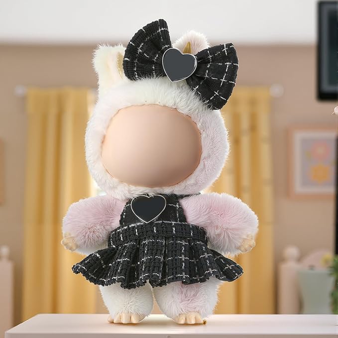 Clothes for LABUBU Doll (NO Doll), Luxury Chic Style 2-Piece Accessories for LABUBU 17cm Dolls, Premium Fashion Outfit - Bow Headdress + Plaid Tweed Dress (Black)