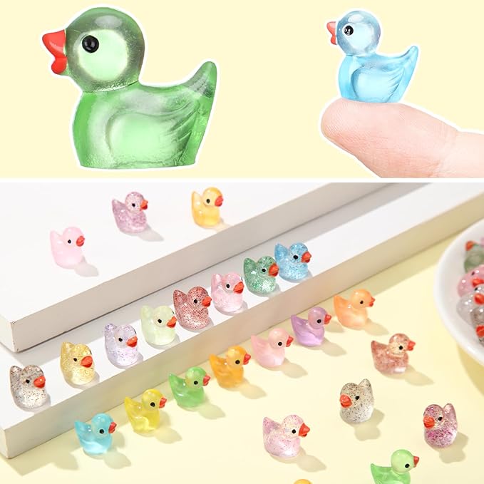 100pcs Mini Resin Ducks,40pcs Luminous Mini Ducks and 60pcs Mini Glitter Duck,Crafts Decorations for Dollhouse,Fairy House Garden,Micro Landscaping