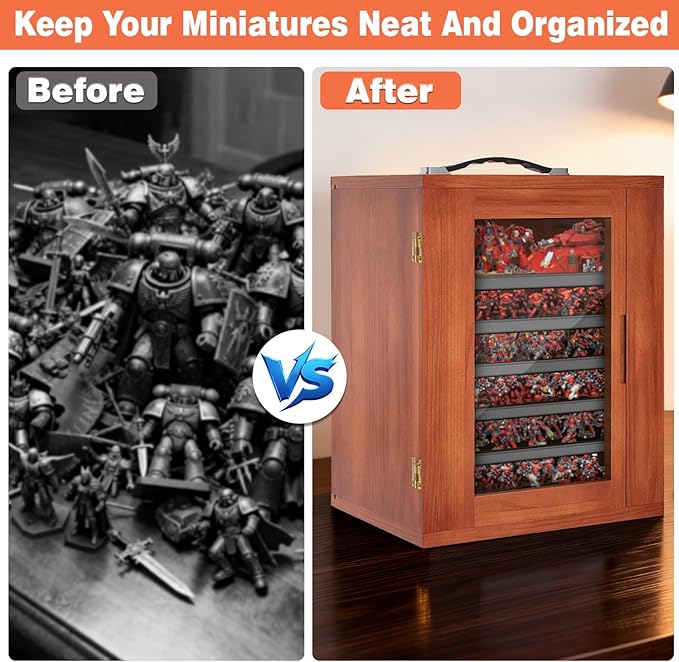 Miniature Storage Case for Collectibles, Miniature Display Cases with Magnetic Door and 6 Trays, Clear View Miniatures Transport Case (Brown)