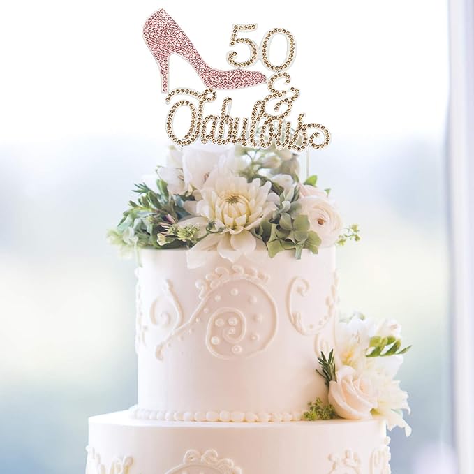 LINGTEER 50 Fabulous Pink High Heel Rhinestone Crystal Cake Topper Perfect for 50th Birthday Anniversary Party Keepsake Sparkle Decoration
