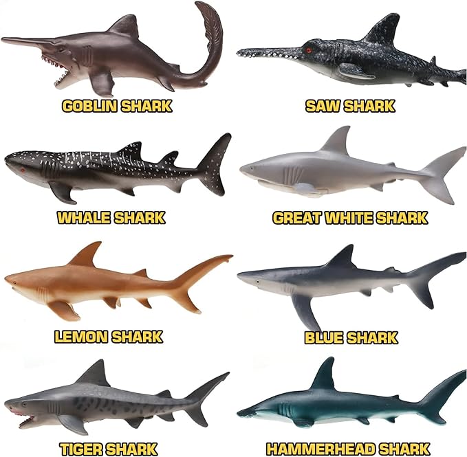 Yeonha Toys 8 Pack Shark Toys with Educational Booklet, Soft Plastic Realistic Shark Figure Set for Kid, Ocean Sea Animal Party Favor, Pool Bath Tub Toy for Toddler Child Boy Girl, Birthday Gift