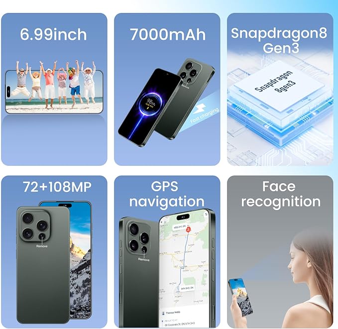 Huness I16PROMAX 16+1TB Smartphone Unlocked Cell Phone,6.99" HD Screen Unlocked Phones,Battery 7000mAh Android 14,Face ID/Fingerprint Button unlock/Photos/5G/Dual SIM/GPS (Deep Green, 16+1TB)