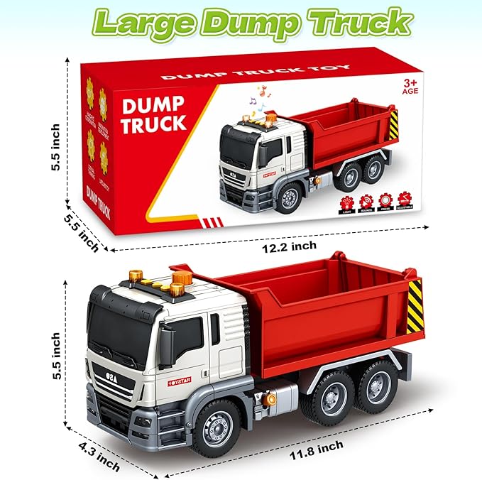 Kids Toys for 3 4 5 6 7 8 Years Old Boys, Large Dump Truck Toy with Lights, Sounds, Red Toddler Friction Powered Truck Vehicle Toy for Boys Girls Birthday Gifts